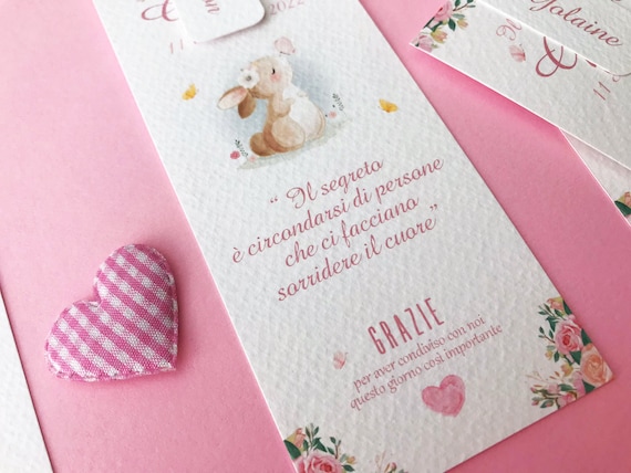 Segnalibro Battesimo Con Coniglietto Rosa - Personalizzabile, 30 Pezzi Per Bimba - Foto 7