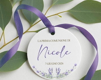 First Communion favor tag with lavender theme, 4 cm format, lilac flowers, printed on hammered paper