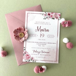 Invito prima comunione ragazza, partecipazione comunione bambina, invito rosa antico elegante, biglietto floreale, inviti sacramenti
