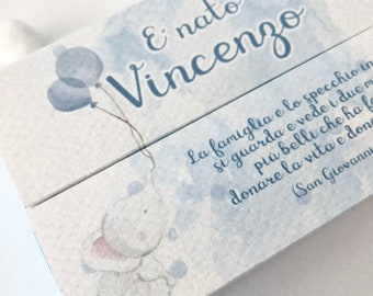 Boîtes bleues pour amandes sucrées Naissance, confiserie de baptême, faveur d’éléphant, espace réservé avec phrase, boîte de bonbons
