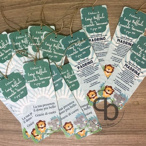 10 Segnalibro personalizzati animali della giungla, segnaposto battesimo bimbo tema elefante, biglietti di ringraziamento madrina e padrino