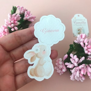 Tag battesimo bimba, segnaposto tema coniglietta, menù personalizzato, etichetta bomboniera, biglietto rosa, kit battesimo bambina, fiori