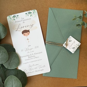 Inviti per Prima Comunione bambino, partecipazioni cresima bimbo, invito personalizzato verde eucalipto, biglietti foglie di ulivo e verde