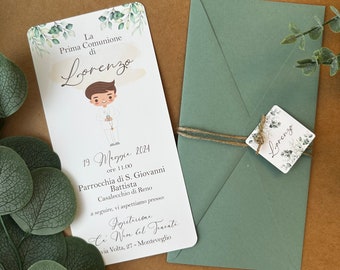 First Communion invitations for boys, confirmation invitations for boys, personalized eucalyptus green invitations, olive leaf and greenery cards