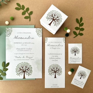 Coordinato prima comunione tema albero della vita, party kit, invito ulivo, segnaposto, tag bomboniera, scatolina confetti, verde salvia