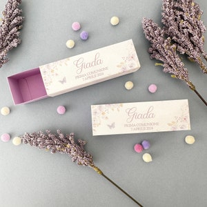 Scatole portaconfetti prima comunione, bomboniera comunione, scatoline lilla, cadeau invitati, segnaposto personalizzato lavanda immagine 4