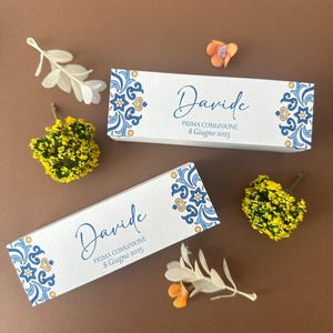Scatoline porta confetti prima comunione, sacchetti personalizzati confettata, bomboniere cresima, fantasia maiolica, colore blu e arancio