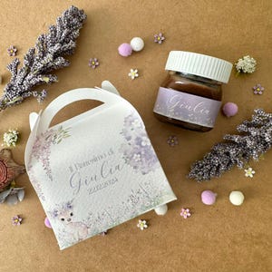 Scatole portaconfetti battesimo, scatolina e nutellina, bomboniera con fantasia cerbiatto, cadeau invitati, segnaposto tema lavanda