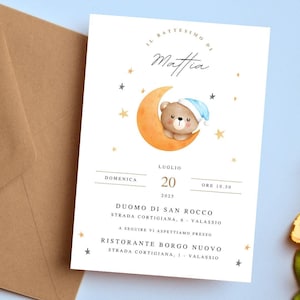 Invito battesimo bimbo, orsetto luna, partecipazione battesimo, biglietto cerimonia bambino, invito dolce, invito elegante, stile acquerello
