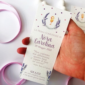 10 segnaposto prima comunione tema lavanda, Biglietto per bomboniere lilla, segnalibro per invitati comunione ragazza, cresima bimba