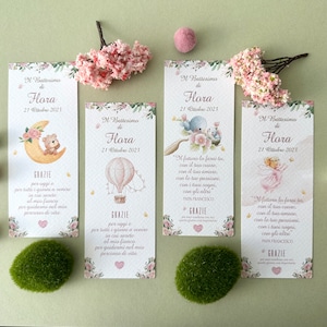 Segnaposto battesimo bimba, segnalibri battesimo animali, biglietto di ringraziamento bomboniera, tag battesimo bambina personalizzate