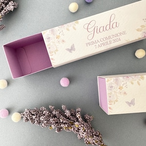 Scatole portaconfetti prima comunione, bomboniera comunione, scatoline lilla, cadeau invitati, segnaposto personalizzato lavanda