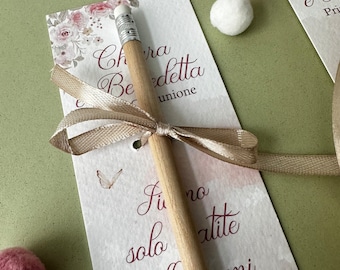 First communion favor, bookmark with pencil, personalized pink placeholder with flowers and butterflies, communion favors with pencil