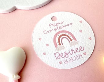 Baby girl's first birthday party favor tag, rainbow place card, confetti card, baby girl's christening, bag tag, pink cloud theme