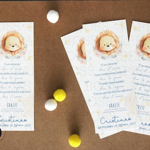 10 Segnaposto battesimo bimbo, segnalibri battesimo leone, biglietto di ringraziamento bomboniera, tag battesimo bambino personalizzate