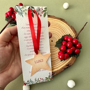 Segnaposto per natale con nome invitato, cartoncini natalizi con stella, segnalibro personalizzato per pranzo o cena di Natale.