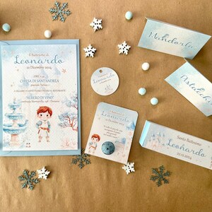 Coordinato natalizio per battesimo bimbo, party kit principe, invito, segnaposto, cioccolatini, bomboniera, scatolina confetti, bolle