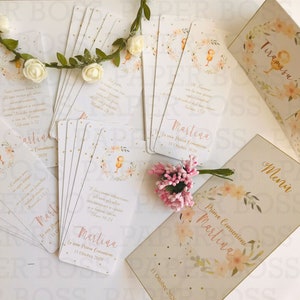 Kit prima comunione bambina, invito personalizzato prima comunione ragazza, segnaposto tema fiori, menù personalizzati prima comunione