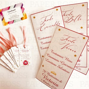 10 Biglietti segnaposto Battesimo tema Principesse, menù e segnatavolo personalizzati, segnaposto battesimo bambina, battesimo principesse