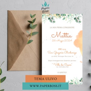 Invito Prima Comunione bambino, tema ulivo, biglietto d'invito arancione, segnaposto personalizzato con foglie