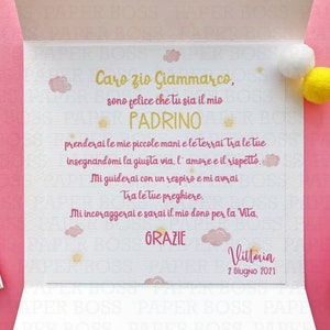 Idea regalo battesimo elefantino, cards apribile, ringraziamento per Madrina e Padrino di battesimo, pergamena madrina e padrino