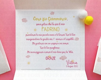 Idea regalo battesimo elefantino, cards apribile, ringraziamento per Madrina e Padrino di battesimo, pergamena madrina e padrino