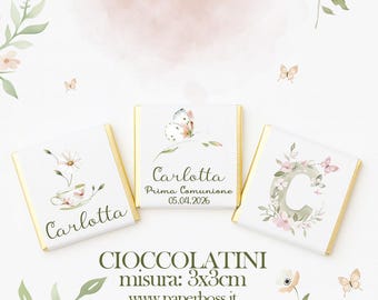 Personalized First Communion chocolates for girls, guest gifts, chocolates with floral-themed printed wrapping, elegant baptism