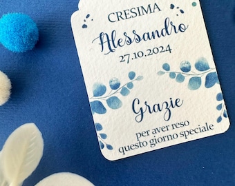 Tag confirmation favor boy, favor card, confirmation santa boy, blue flowers label, personalized place marker leaves