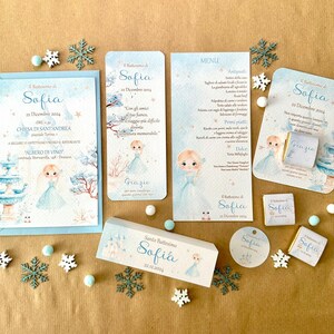 Coordinato natalizio per battesimo bimba, party kit principessa, invito, segnaposto, cioccolatini, bomboniera, scatolina confetti, bolle
