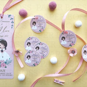 10 Segnalibro comunione bambina, biglietto segnaposto personalizzato, tag bomboniere comunione ragazza, rosa