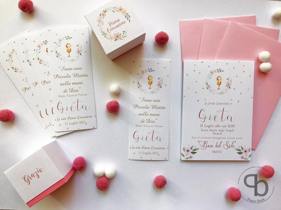 Kamiustore Set Bigliettini E Inviti Prima Comunione Personalizzati: 25, 50 O 100 Pezzi Con Buste, Cartoncino 200g/m²