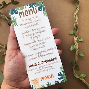 10 Menù battesimo bimbo, segnaposto giungla battesimo bambino, segnaposto animali della giungla, menù personalizzato per battesimo