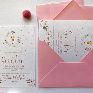 Inviti Prima Comunione ragazza, partecipazioni comunione bambina, biglietto d'invito rosa e fiori, invito rosa personalizzato