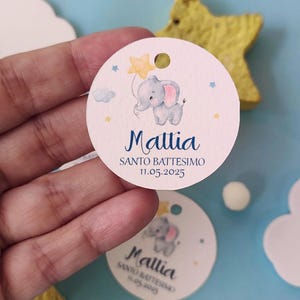 Tag bomboniera battesimo elefantino, biglietto confetti, santo battesimo bimbo, tag sacchetto confetti, tema stella, celeste e blu