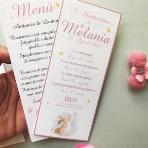 Set battesimo bimba, segnaposto e segnatavolo battesimo, battesimo bambina coniglietta, menù personalizzati, palette confettata