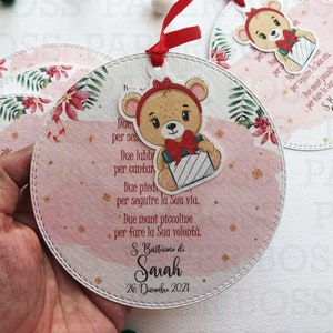 10 Segnaposto battesimo natalizi, palla di natale personalizzata, battesimo bimba tema orsetta, regalo di Natale, segnatavolo personalizzato