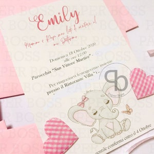 10 Biglietti d'invito per battesimo con Elefantino rosa, invito bimba, biglietto personalizzato elefante