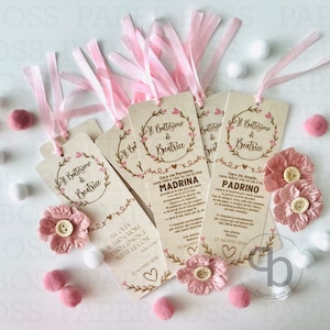 10 Segnalibro battesimo bambina, biglietto segnaposto Shabby, rosa, tag bomboniere battesimo, regalo madrina e padrino