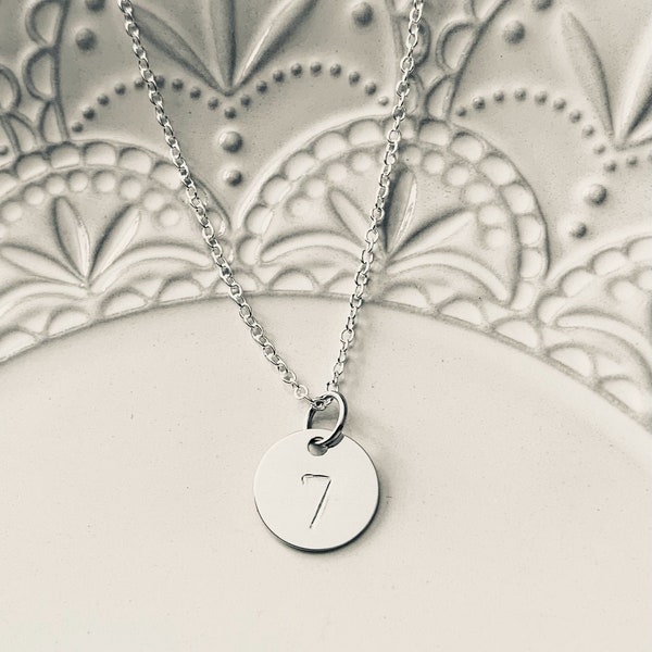 Enneagram Type 7 Hand Stamped Number Pendant Disc Necklace.  Personalized Necklace. Enneagram Jewelry. Enneagram Gift.