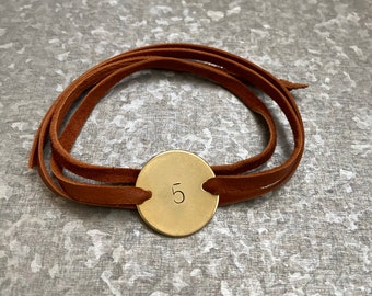 Enneagram Type 5 Hand Stamped Brass and Leather Wrap Bracelet.  Personalized Bracelet. Enneagram Jewelry. Enneagram Gift.