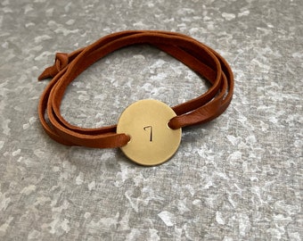 Enneagram Type 7 Hand Stamped Brass and Leather Wrap Bracelet.  Personalized Bracelet. Enneagram Jewelry. Enneagram Gift.