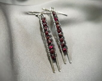 Sterling silver earrings with raw garnet gemstone, Elegant earrings, January birthstone earrings, Gift for her.