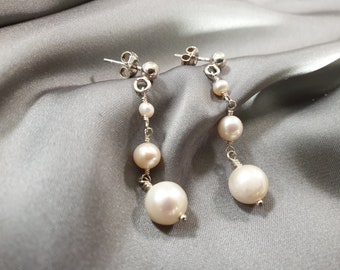 3 size pearl earrings, Fresh water pearl drop earrings, Sterling silver, Bridesmaid earrings, Bridesmaid jewelry, Bridesmaid gift.