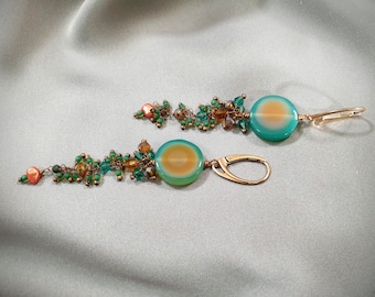 Green agate gemstone leverback earrings, Unique earrings, Elegant earrings, Sterling silver plated with rose gold, Copper, Gift.