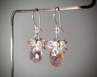 Swarovski Crystal Earrings,Teardrop Earrings,Freshwater Pearl Earrings,Wedding Earrings,Bridal Earrings,Cluster Earrings, Gift for her.