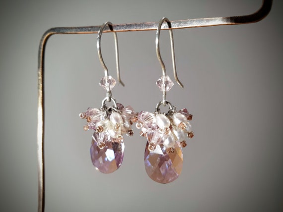 Swarovski Crystal Earrings,Teardrop Earrings,Freshwater Pearl Earrings,Wedding Earrings,Bridal Earrings,Cluster Earrings, Gift for her.