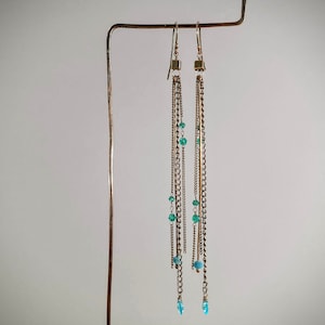 Blue crystal, Mixed chain earrings, Elegant long copper earrings, Vintage style earrings, Hammered  earrings, Long minimalist earrings