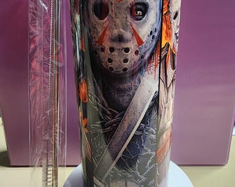 20 oz Sublimation Tumbler Horror Movie Themed with lid and straw.