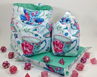 Tea with Mr Clay / Caduceus Clay Inspired Dice Bag and Dice Tray / Tea and Teacups / Critters / Fans of Critical Role/ DnD Dice Bag