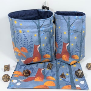 Contemplative Fox Collection / Woodland and Moon DnD Accessory / Premium Fabric Dice Bag, Large Dice Bag, Dice Tray / Dungeons and Dragons